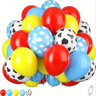 56pcs Toy Inspired Story Balloons, 10 Inch Red Blue Yellow Balloons With Cow Print Sky Blue Cloud Balloons For Inspired Story Party Themed Party Decor Decorations, Back To School Valentine Day