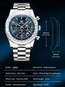 OLEVS. 1件男士休闲不锈钢防水夜光石英表，商务日期计时码表，时尚男士腕表，适合日常佩戴，男士礼物 - 藏蓝色 - 查看 6