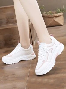 女士时尚休闲厚底运动鞋潮流街头运动鞋轻便舒适厚底系带运动鞋适合女学生 - 白粉 - 查看 6