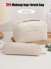 1pc White Pu Cosmetic Bag, Women's Large Capacity Portable Makeup Organizer With Multifunctional Hand-Held Toiletries Bag For Travel Storage Bag,Makeup Bag,Cosmetic Bag,Vacation Organizer,Large Capacity Makeup Organizer Makeup Case, For Lipstick, Brush, Skincare, Mobile Phone, Coin, Small Items, For Home,Gift,Vacation And Festival Halloween Christmas Multifunctional Use,Boho Vibes,For Holiday Beach, Bathroom Collection, Bedroom Collection, Large Capacity