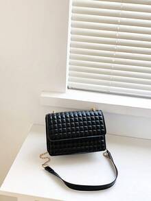 1pc Black Plaid Shoulder Bag, Chain Strap Crossbody Purse, Casual Small Square Bag - Black - View 6