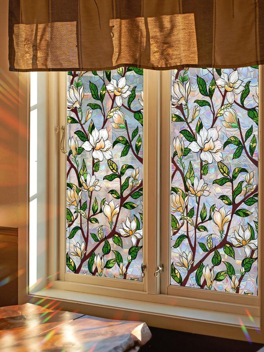 1pc Floral Pattern Colorful Static Cling Window Film, Double-Sided Decorative Glass Sticker, Glueless And Reusable, Stickers, Wall Decal, Vinyl Decal For Home Decorations, Spring Decoration Items Refresh Your Home, Rama Decoration Stickers Gifts Birthday Graduation