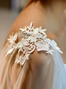 Long Bridal Cape With Lace Tulle Shawl Removable Bride Sleeves Cathedral Veil Wedding Accessories For Wedding, Party, Photography, Travel Valentine's Day