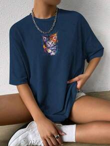 Oversized Women's Casual Off-Shoulder T-Shirt 100% Cotton With Cat Print - Màu xanh hải quân - Xem 1