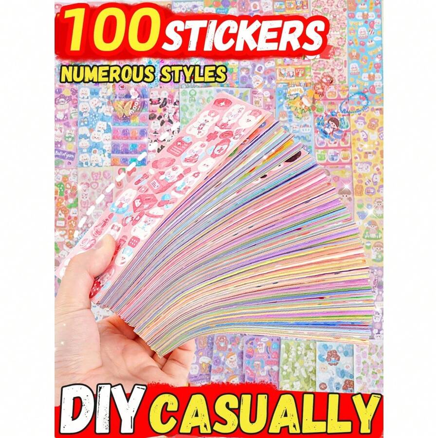 100 Cute Cartoon Laser Stickers (Random Sticker Patterns), GOO Card Stickers, Party DIY Stickers, With Built-In Cutting Lines That Do Not Require Cutting, Cute Cartoon Themed Stickers For Adults, Teenagers, And Children,School Supplies,Back To School