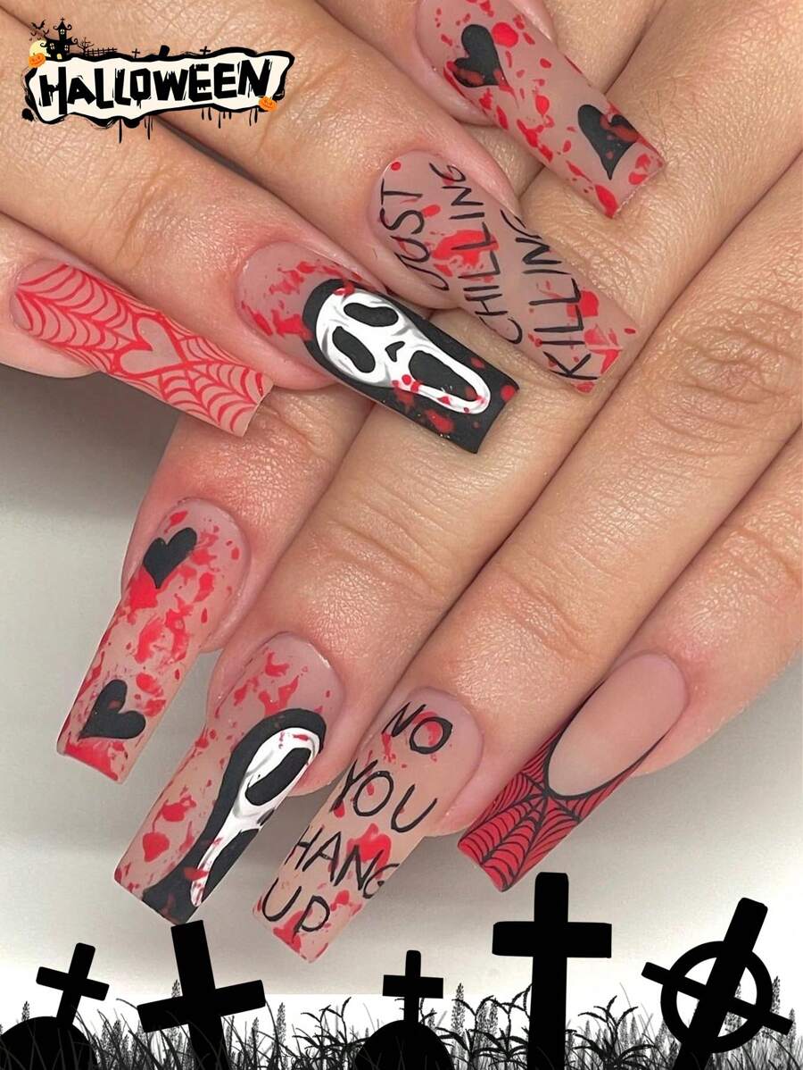 24 Stück Halloween Aufklebe-Nägel Set, lange quadratische Kunstnägel mit gruseligen Geister-, Herz-, Buchstaben- und Spinnennetz-Motiven, matte Fake-Nägel für Frauen und Mädchen, Nagelbedarf