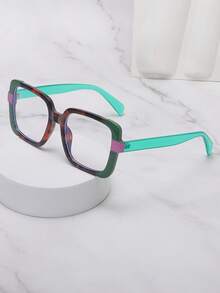 1pc Square Rainbow Color Big Frame Women's Plano Glasses, Contrast Color Frame Daily Accessory - Clear - View 5