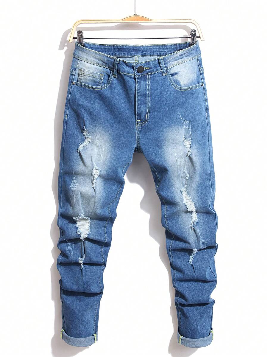 Jeans desgastados y con efecto desteñido para hombres - Azul - Ver 1