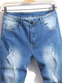 Jeans desgastados y con efecto desteñido para hombres - Azul - Ver 6
