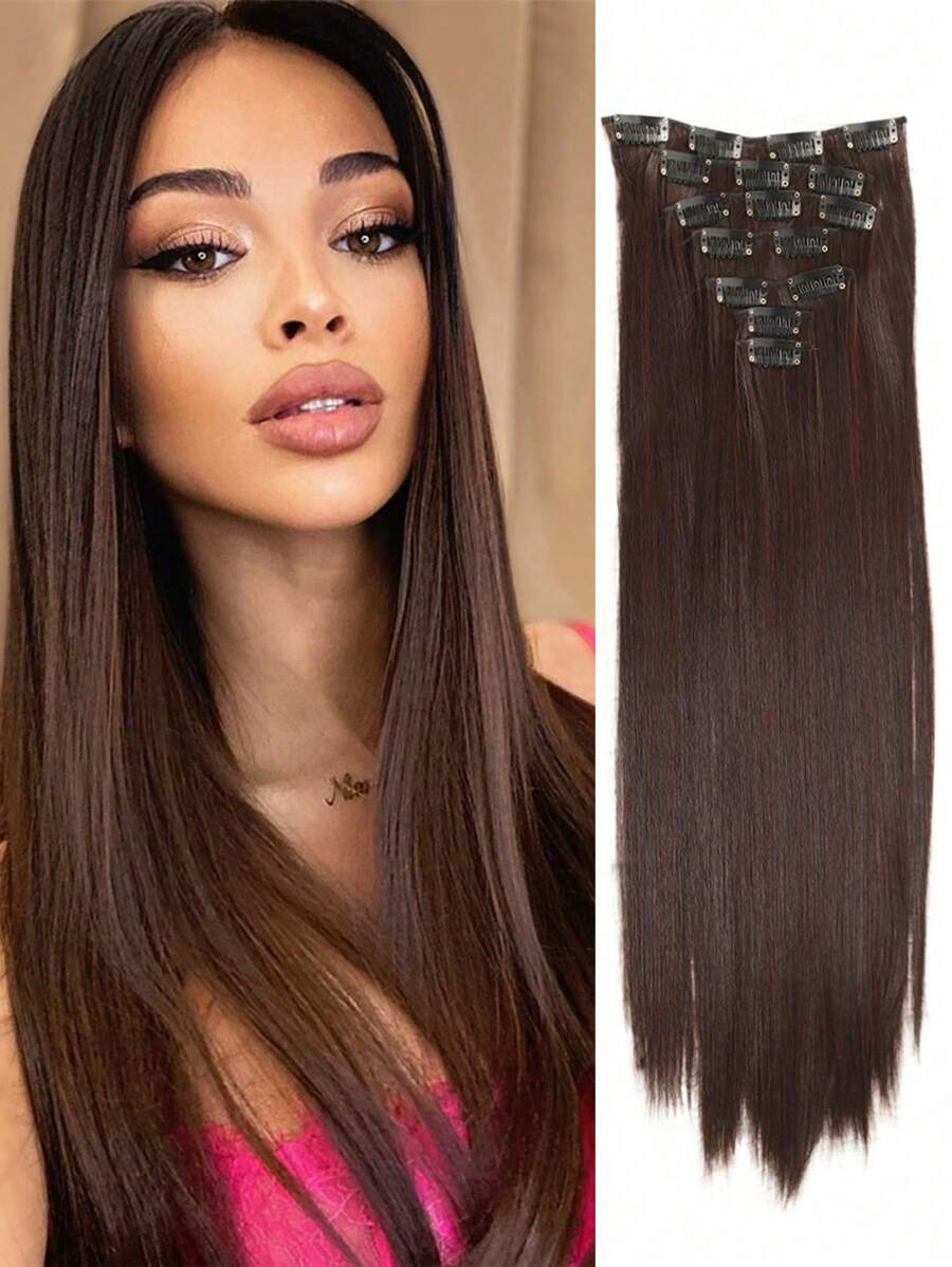 Extensiones de cabello con clip de 18~32 pulgadas, extensiones de cabello sintético de 7 piezas para mujeres, extensiones de cabello con clip de grosor, marrón oscuro - Dark Brown - Ver 1