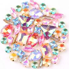 50 piezas/paquete, caramelos de gelatina de colores AB en formas mixtas, piedras de cristal coser a mano con base de metal dorado plano con agujeros, material de costura brillante con piedras preciosas para accesorios DIY, se pueden usar para decorar ropa, vestidos, bolsos, zapatos, broches, aretes, manualidades