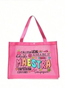 Bolsa de playa de malla con estampado arcoíris, bolsa de playa con letra Maestra, bolsa de playa plegable con cremallera, impermeable y a prueba de arena, bolso de playa de malla con decoración de letra para mujer, adecuado para almacenamiento y compras de vacaciones en la playa para adolescentes y universitarias, gran capacidad, gran regalo para familia, amigos, estudiantes, vuelta al cole, regalos para maestros, mejor regalo para el Día del Maestro - Rosa - Ver 9