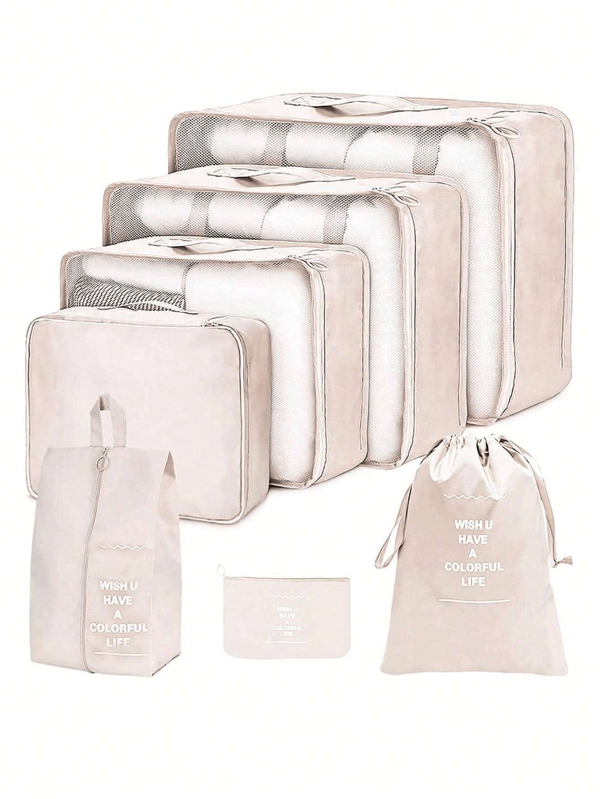 7 Stücke Premium strukturierte einfarbige Reise-Organizer Set mit Monogramm, Klamotten Aufbewahrungstaschen, Packwürfel Set, Koffer Aufbewahrungstasche Set, Schulmaterial, Studentenwohnheim Accessoires für Lippenstift, Pinsel, Hautpflege, Handy, Münzen, kleine Artikel, für Zuhause, Geschenke, Urlaub und Festivals wie Halloween, Weihnachten, multifunktional, Boho Style