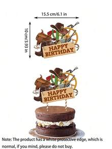 1 pieza Decoración bandera estilo vaquero occidental para tarta - Decoración de tarta de cumpleaños con tema de vaquero occidental de Halloween, suministros para fiesta de otoño, banderines de tarta, Navidad - Marrón - Ver 5
