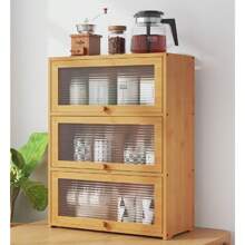 3 Tiers Bamboo Storage Cabinet For Kitchen Countertop, Freestanding Pantry Cabinet With Clear Acrylic Flip-Up Door Organizer Shelf For Spice Seasoning Bowl Cup Bottle