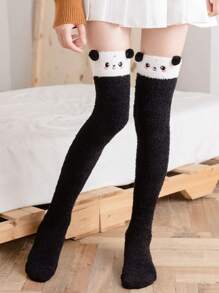 1双女士黑白刺绣熊猫珊瑚绒过膝长袜，毛绒可爱卡通保暖袜，舒适 - 黑與白 - 查看 6