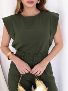 Women's Set: Solid Color Sleeveless Round Neck Top For Summer And Pantaloon Pants With Belt And Bag - 軍綠色 - 查看 10