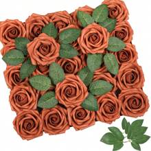 25pcs Artificial Flowers Real Looking Burnt Orange Ombre Colors Foam Fake Roses With Stems For Autumn DIY Wedding Bouquets Bridal Shower Centerpieces Floral Arrangements Party Tables Home Decorations, Valentine Day, Gift - Orange - View 11