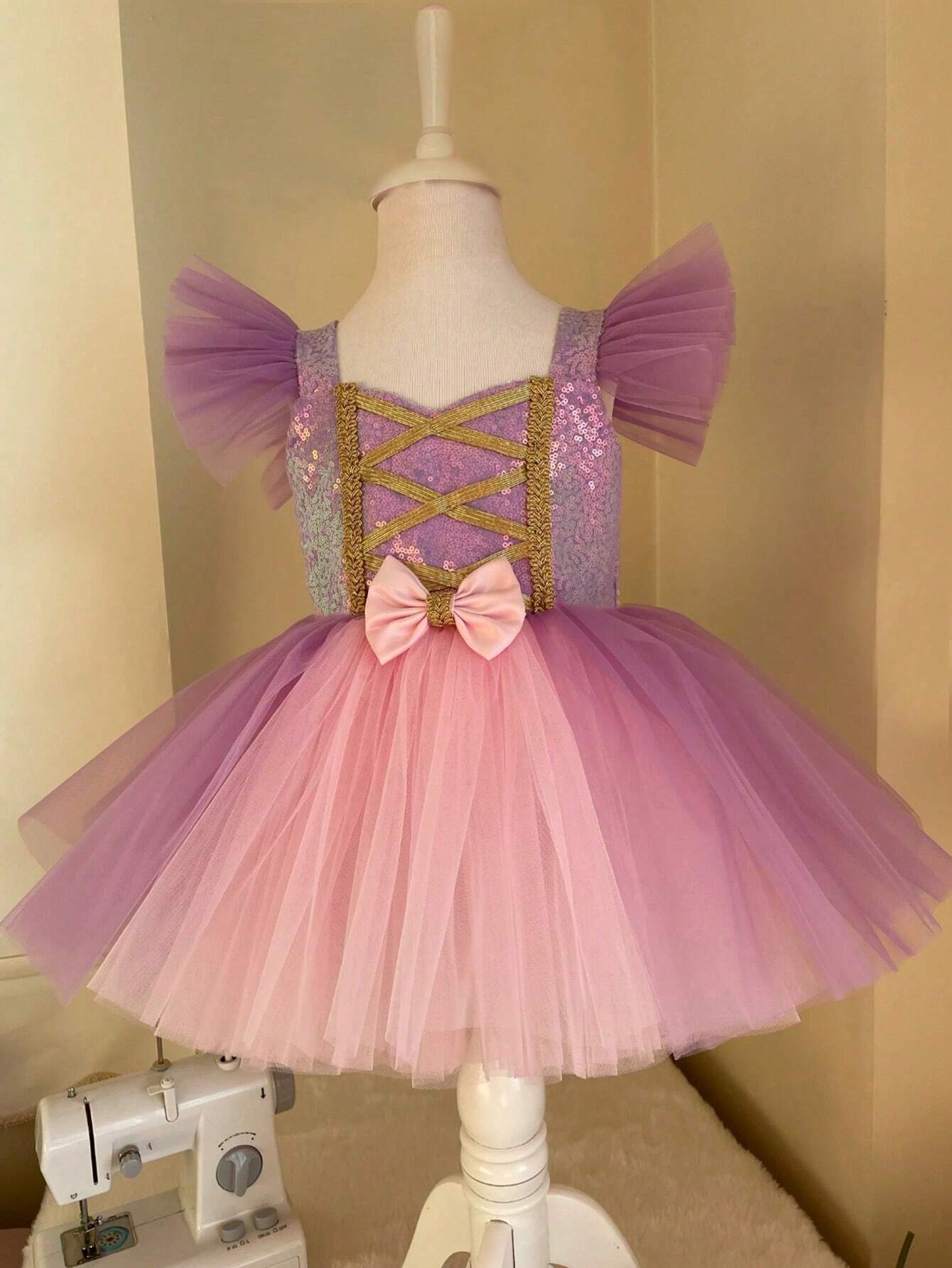 Young Girl Puff Sleeve Mesh Sequin Bow Decor Elegant Party Christmas Dress,
