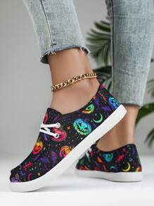 女士万圣节南瓜印花帆布鞋，轻便、平底、舒适休闲运动鞋 - 南瓜圖案 - 查看 1