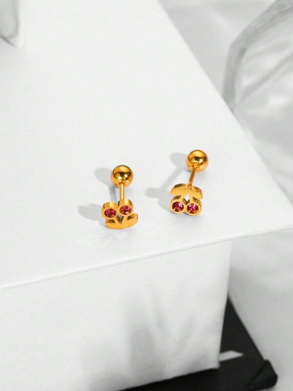 1 Pair Minimalist Cherry Stud Earrings, Stainless Steel 18K Gold Plated