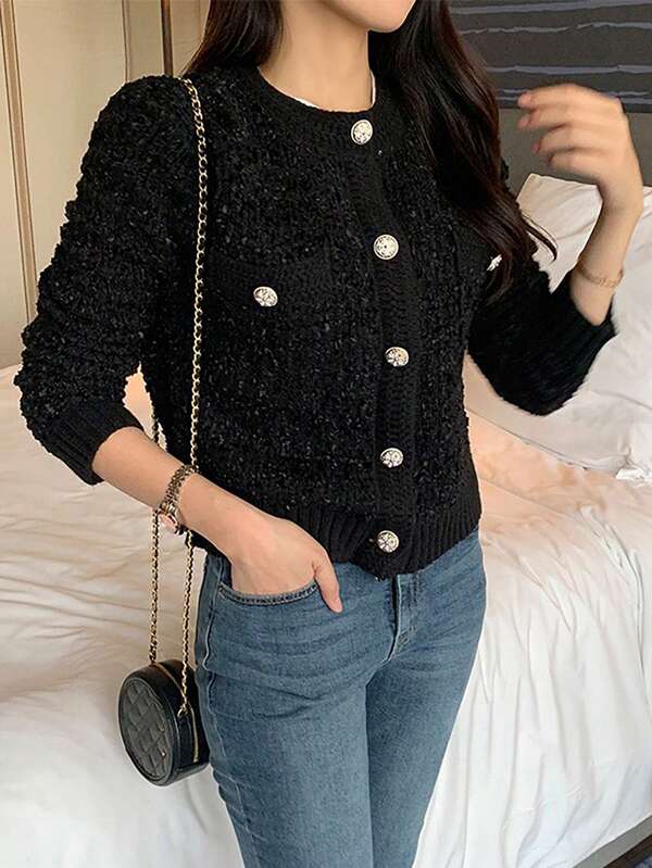 Cardigan con scollo tondo e bottoni in stile francese, con due tasche, per primavera e autunno, top a maniche lunghe per donna