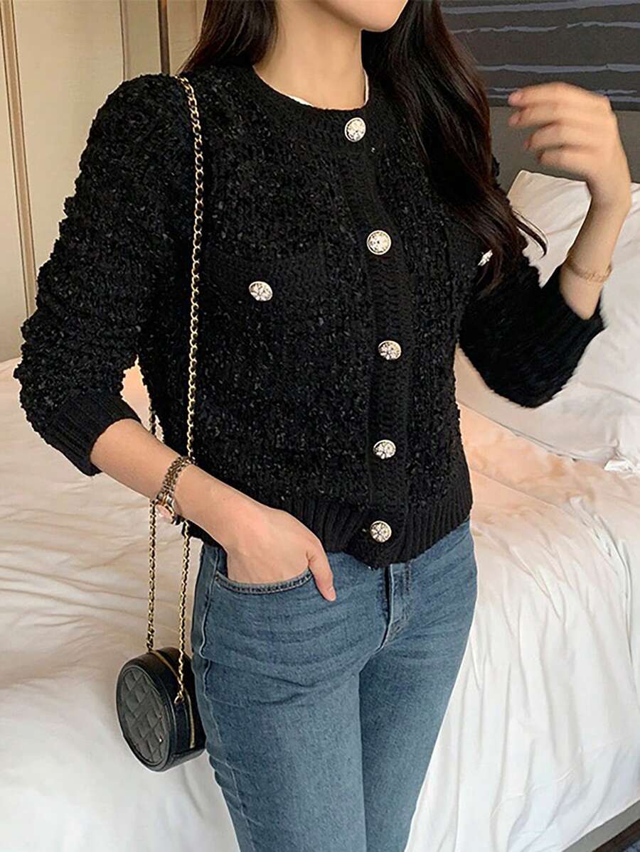 Women's French Style Round Neck Button Cardigan With Dual Pockets, Spring Autumn,Long Sleeve Tops - Black - View 1