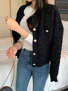 Women's French Style Round Neck Button Cardigan With Dual Pockets, Spring Autumn,Long Sleeve Tops - Black - View 4