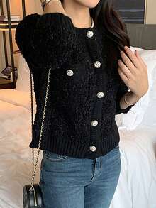 Women's French Style Round Neck Button Cardigan With Dual Pockets, Spring Autumn,Long Sleeve Tops - Black - View 5