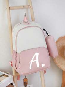 2 buc/Set Rucsac drăguț pentru studenți, rucsac simplu cu fermoar de capacitate mare, rucsac și geantă de papetărie, cu litere albe în formă de inimă A-Z, rucsac înapoi la școală, geantă de umăr de mare capacitate, echipat cu geantă de papetărie de aceeași culoare, rucsac pentru computer la modă și casual asortat pentru campus , Rucsac de damă, Rucsac de călătorie, Vacanță de călătorie, Sport în aer liber, Școală de fete, Studentă de fete, Cadou pentru fiica iubită, Cadou pentru întoarcerea la școală, Potrivit pentru uz școlar