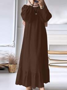 Women's Elegant Solid Color Fashion Puff Sleeve Ruffle Hem Arabic Style Dress, Quick Ship - Coffee Brown - View 2