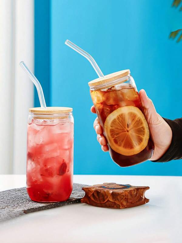 1 peça, copo com tampa de bambu e canudo, copo de água em formato de lata, copo de café gelado, para cerveja, suco, leite, presentes de aniversário, utensílios para bebidas