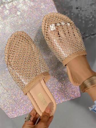 Women's New Style Fishnet Hollow-Out Flat Sandals Open Toe Rhinestone Slip-On Slide Shoes, Summer