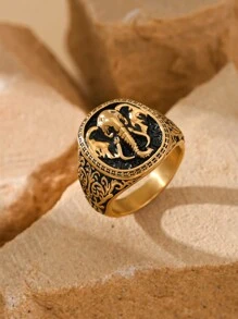 1pc Stainless Steel 18K Gold Plated Retro Elephant Pattern Men's Rings Business Style Jewelry - Ring - View 2