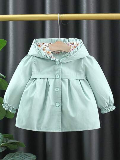 Baby Girl Hooded Trench Coat, Solid Color Single-Breasted Outerwear, Fall/Winter