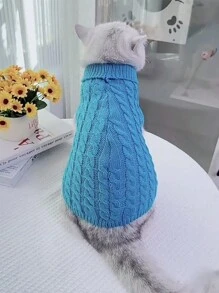 1pc Knit Cable Sweater For Pets, Solid Color, Warm Winter Wear For Pets - Blue - View 4