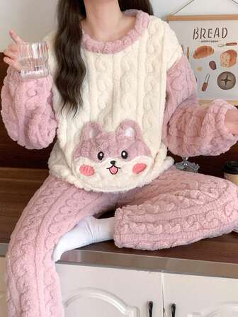 2 st. Jacquard långärmad topp och byxor fluffigt pyjamasset med fickor, termofodrad, söt valpdesign, varma och mysiga vintersovkläder för kvinnor, höstkläder