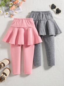 2 件装幼儿女孩保暖休闲紧身裤，二合一设计，带字母印花标签