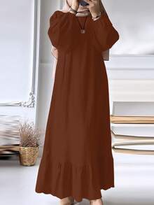 Women's Solid Color Fashionable Puff Sleeve Ruffle Hem Dress - Redwood - View 2