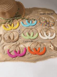 1 Pair Handmade Vintage Raffia Hoop Earrings, Oversized 9.5cm Geometric Circle Earrings, Suitable For Women Everyday And Holiday Wear - Earrings - View 11