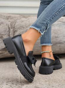 适合所有季节的女士乐福鞋，一脚蹬小皮鞋，舒适休闲平底鞋，厚底乐福鞋，轻便平底工作鞋，学生鞋，蝴蝶结点缀的女士鞋 - 黑色 - 查看 4