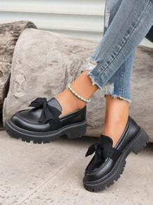 适合所有季节的女士乐福鞋，一脚蹬小皮鞋，舒适休闲平底鞋，厚底乐福鞋，轻便平底工作鞋，学生鞋，蝴蝶结点缀的女士鞋 - 黑色 - 查看 6