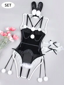 Sexy Lingerie, Role-Playing, Cute Rabbit Jumpsuit, Four Piece Set: Rabbit Ear Headband+Neck Accessory+Crotch Jumpsuit+Leg Ring,Women's Lingerie, And Sexy Lingerie