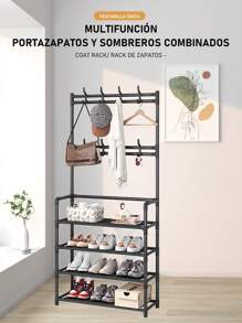 1 Piece Stainless Steel Shoe Rack, Shoe Rack With Coat Rack, Coat Rack, Storage Cabinet, Storage Shelf For Hallway, Bedroom, Bathroom, Office, Shoe Rack - Black - View 5
