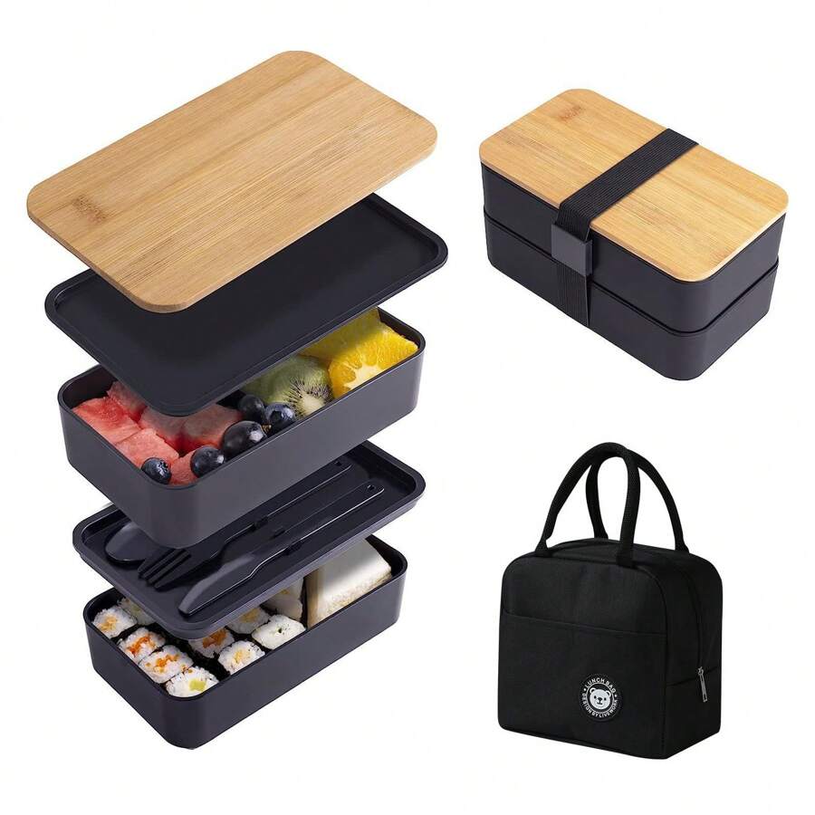 1 件 1200 毫升日式便当盒，双层隔热午餐盒，大容量，微波炉安全塑料食品容器套装，厨房，圣诞礼物 - 彩色 - 查看 1