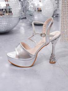 Mulheres Salto Alto À Prova D'Água Plataforma Elegante Tira No Tornozelo Festa Sandálias Prata - Prata - Ver 2