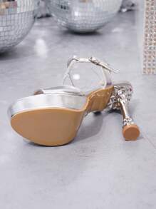 Mulheres Salto Alto À Prova D'Água Plataforma Elegante Tira No Tornozelo Festa Sandálias Prata - Prata - Ver 3