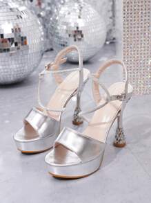 Mulheres Salto Alto À Prova D'Água Plataforma Elegante Tira No Tornozelo Festa Sandálias Prata - Prata - Ver 1