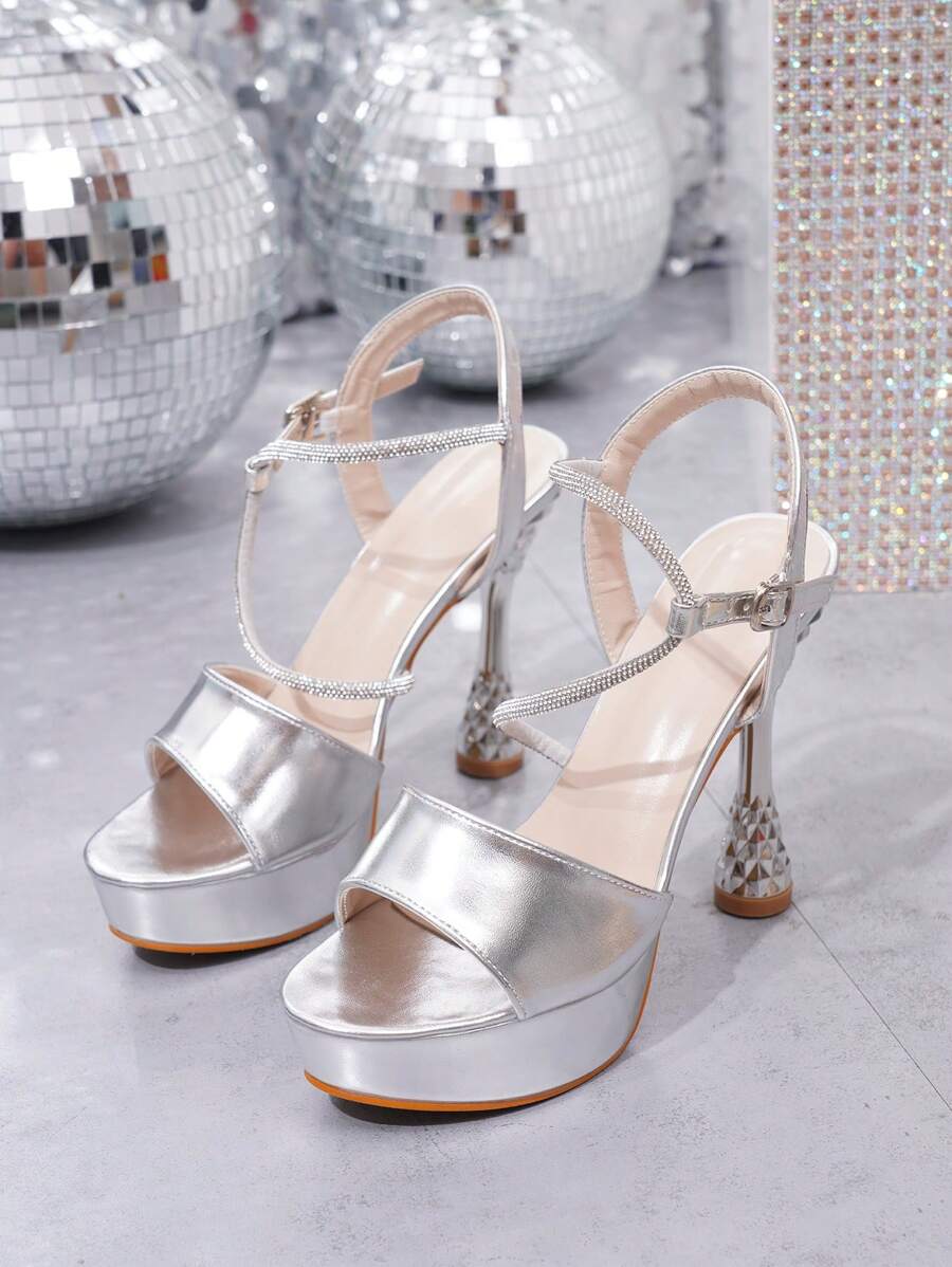 Mulheres Salto Alto À Prova D'Água Plataforma Elegante Tira No Tornozelo Festa Sandálias Prata - Prata - Ver 1
