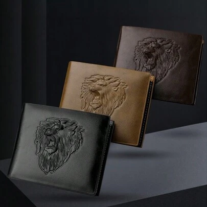 男士三折短款钱包，狮头压纹图案，多卡位拉链零钱包，送给男友的礼物
